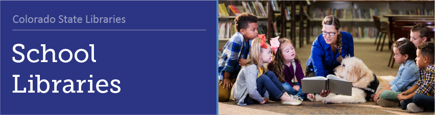 School Libraries - A group of children, a service dog, and a teacher sitting on floor reading a book together.