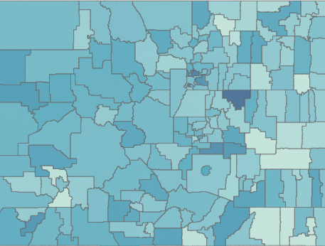 Decorative. Map showing 2018-19 SRD rates by district with color only, no district name. Contact CDE if an alternate or additional version is needed: http://www.cde.state.co.us/contact_cde