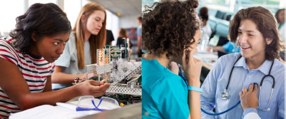 Young adults working in a classroom and medical setting