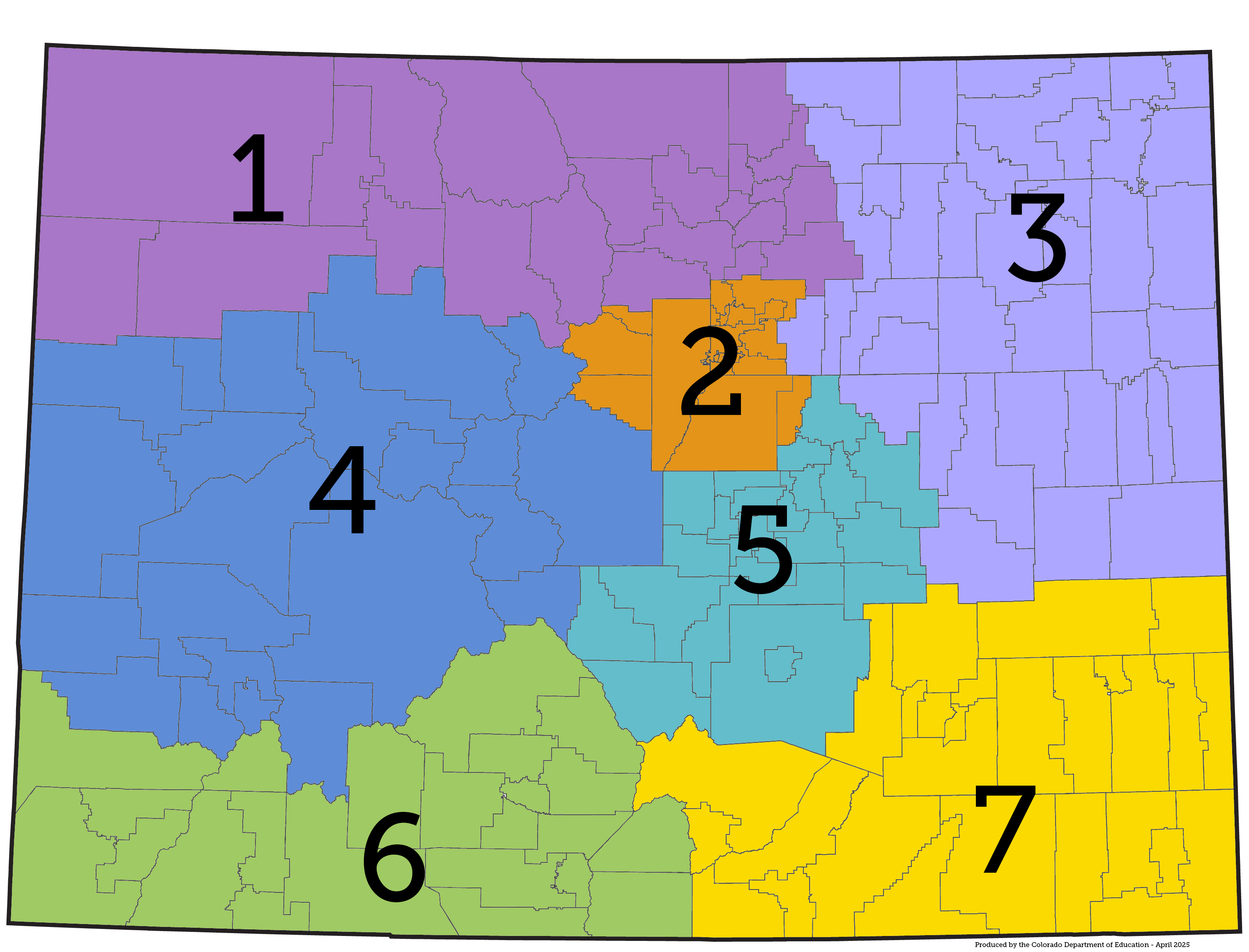 Colored and numbered map of districts sorted into 7 regions for support