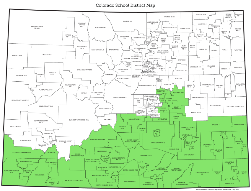 Educator Recruitment and Retention District South Region Map- this map shows the southern Colorado school districts assigned to an ERR Specialist